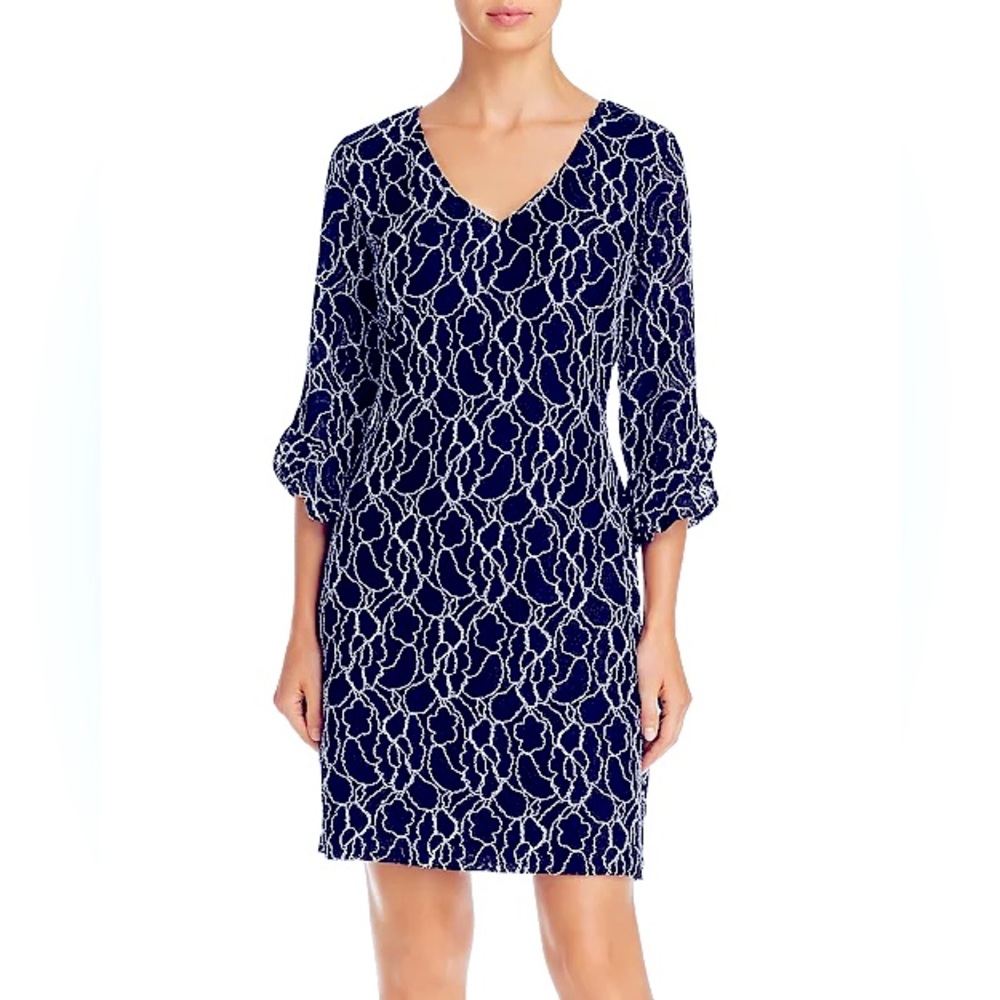 NWT Karl Lagerfeld Navy Blue Floral Embroidered Lace Long Sleeve Dress | Size 8